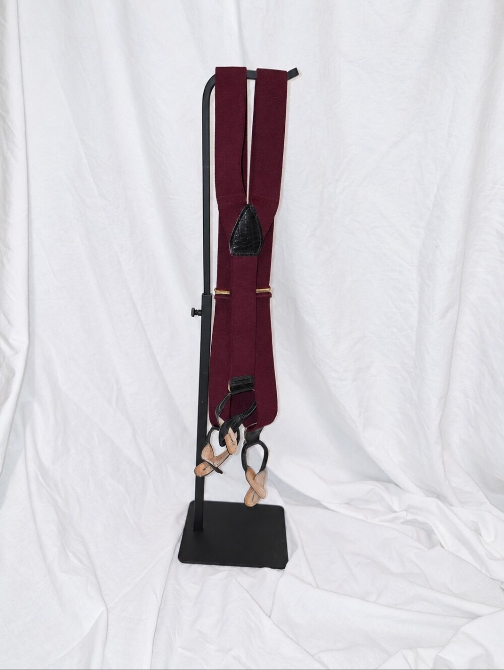 Burgundy Button-On Suspenders Black Tabs Gold Tone Y-Back Vintage Style